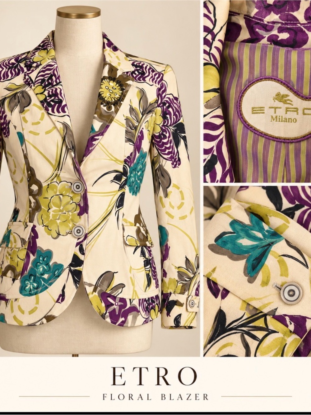ETRO Milano Floral Blazer Jacket IT 42 US 8 Cream Purple Teal Designer